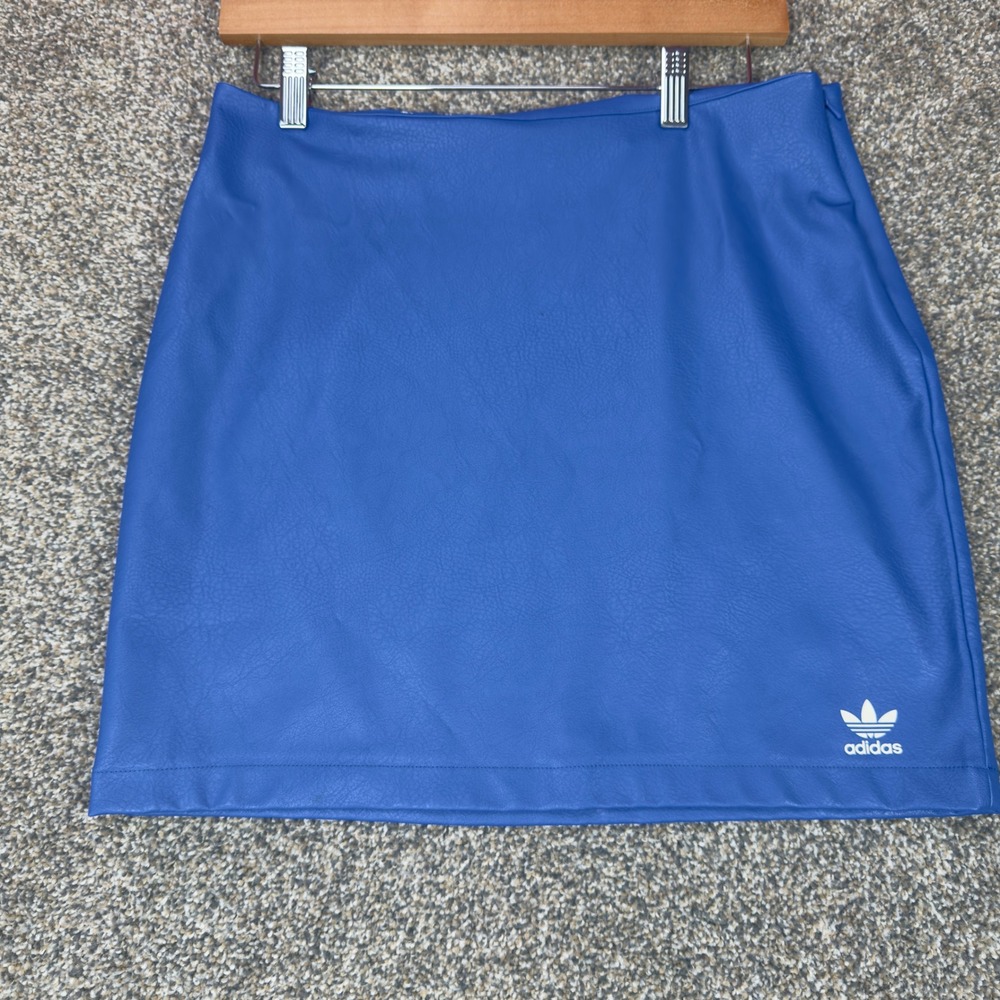 Adidas Originals Womens Blue Faux Leather Mini Skirt Trefoil Logo‎ M Streetwear - Picture 11 of 11